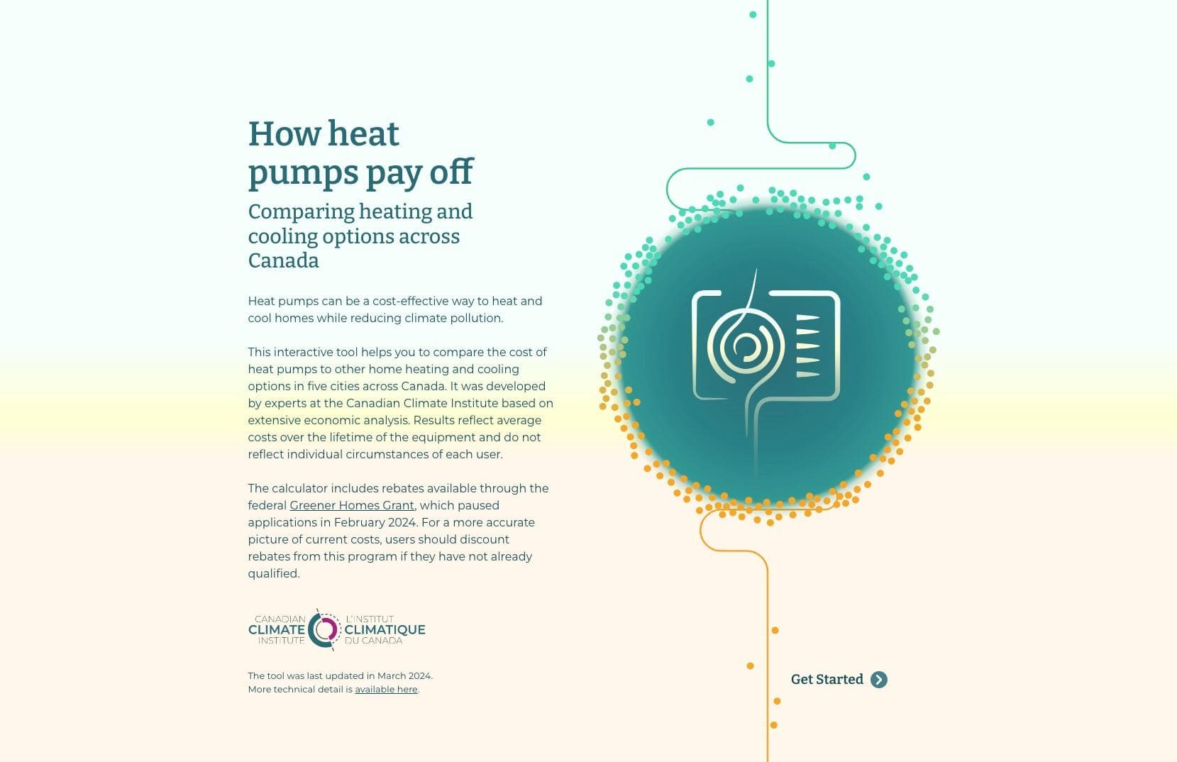 Screenshot of the landing page. On a pastel background gradient from blue to orange, the explanatory text on the left faces an illustration of a heat pump, set in a dark blue circle. Bright orange and blue bubbles surround the boundaries of the circle.